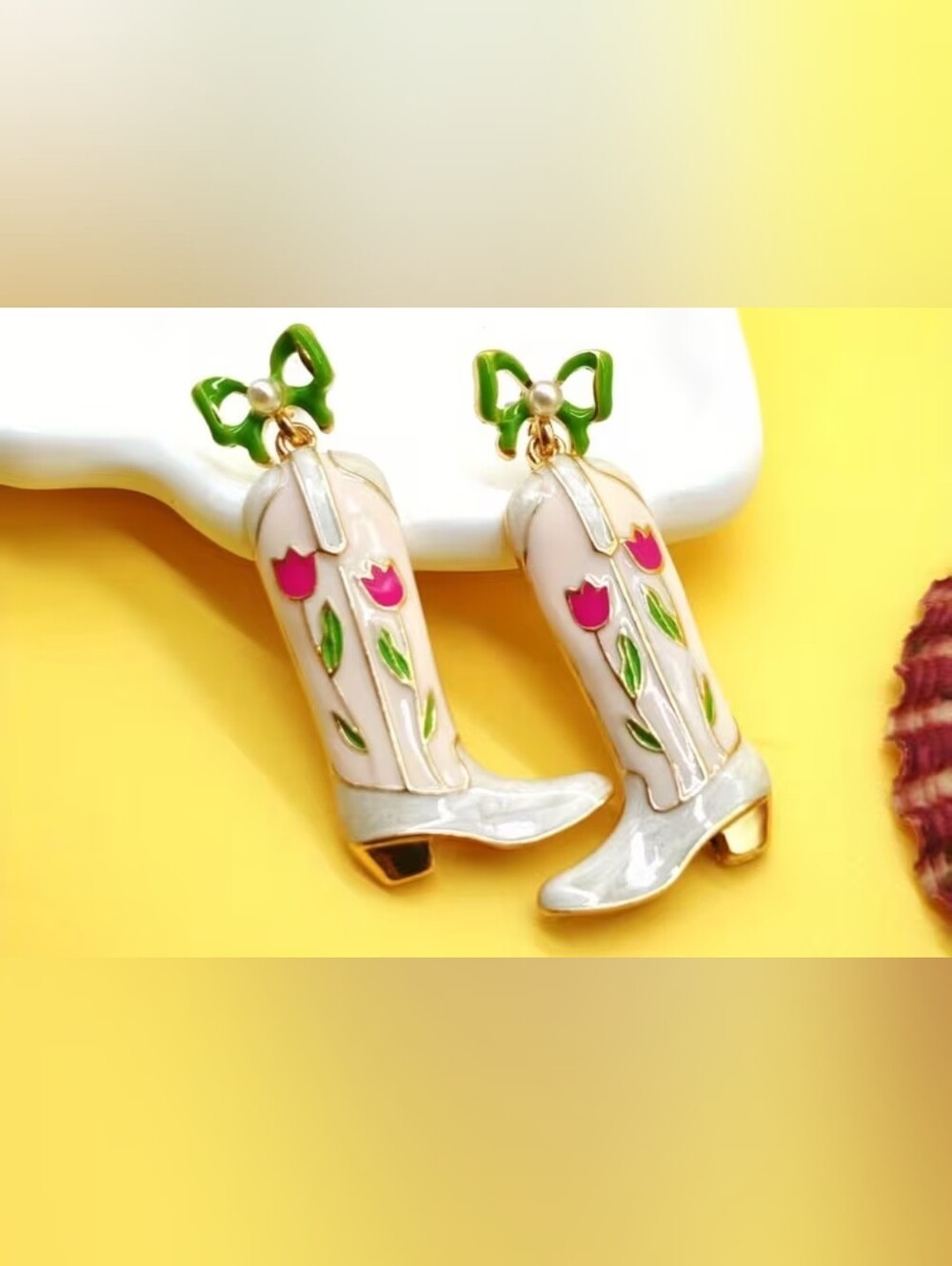 Green Bow Pink Tulip Cowgirl Boot Earrings